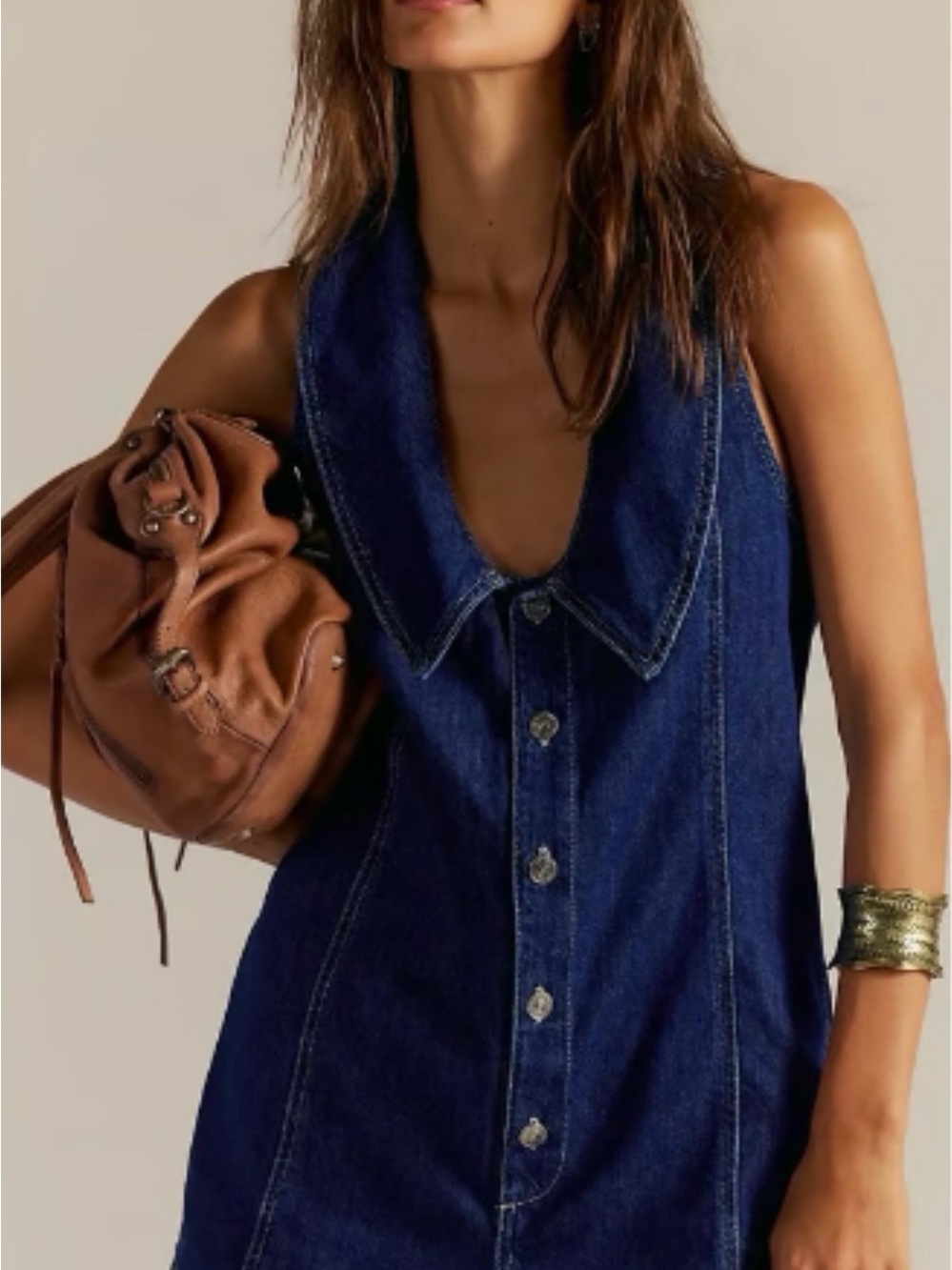We The Free Deep Blue Denim Button-Front Dress
